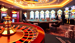 Exciting casino scene featuring vibrant roulette and poker tables at 789BET.