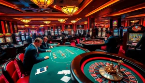 Players engaging in thrilling games at KJC's luxurious casino, surrounded by vibrant tables and slot machines.