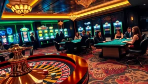 Players enjoying a high-stakes game at a casino showcasing viral88-themed elements.