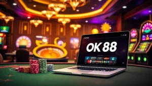 Engaging online gambling scene featuring OK88 with vibrant poker tables and roulette wheels.