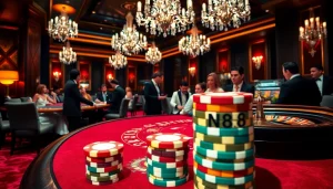 Experience the thrill of high-stakes poker with DN88 chips and a luxurious casino setting.