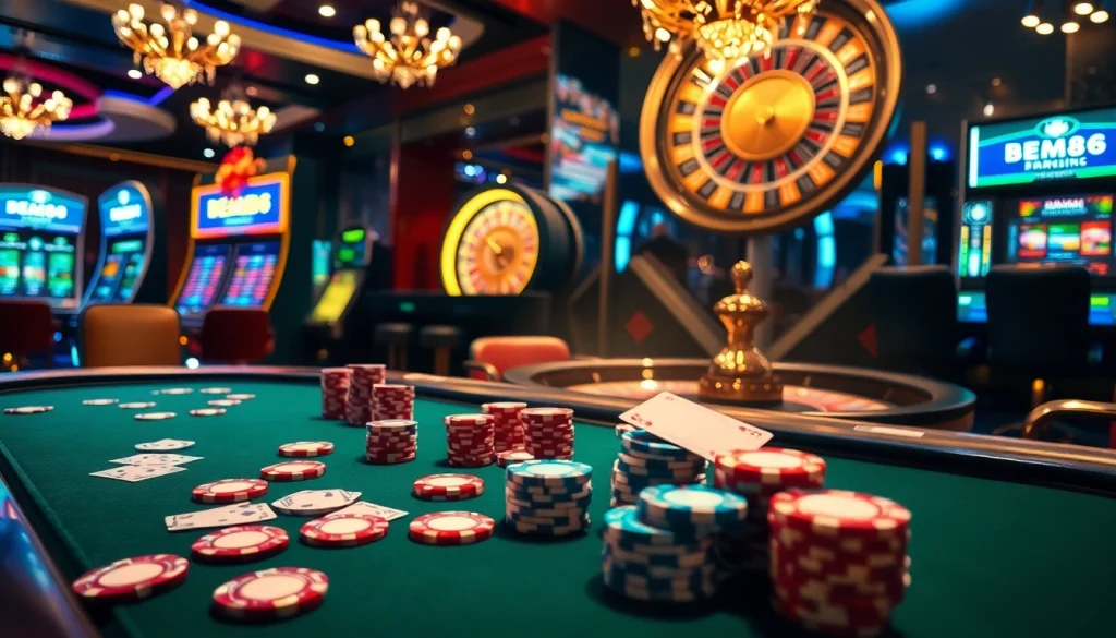 BEM88 gamblers strategizing at a poker table amidst vibrant casino lights.