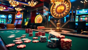 BEM88 gamblers strategizing at a poker table amidst vibrant casino lights.