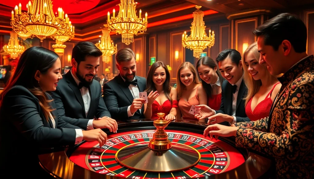Gamblers experiencing the thrill of rikvip at a luxury roulette table in a vibrant casino.