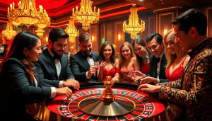 Gamblers experiencing the thrill of rikvip at a luxury roulette table in a vibrant casino.
