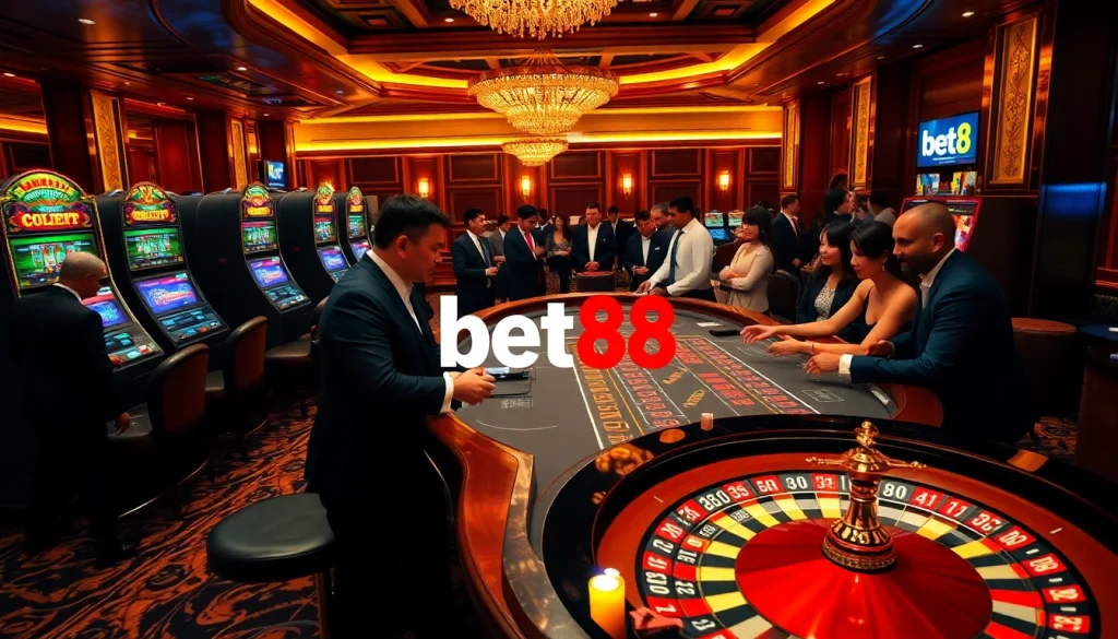 Experience the excitement at a luxury casino with the link bet88 showcased on digital displays.