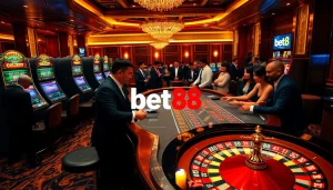 Experience the excitement at a luxury casino with the link bet88 showcased on digital displays.