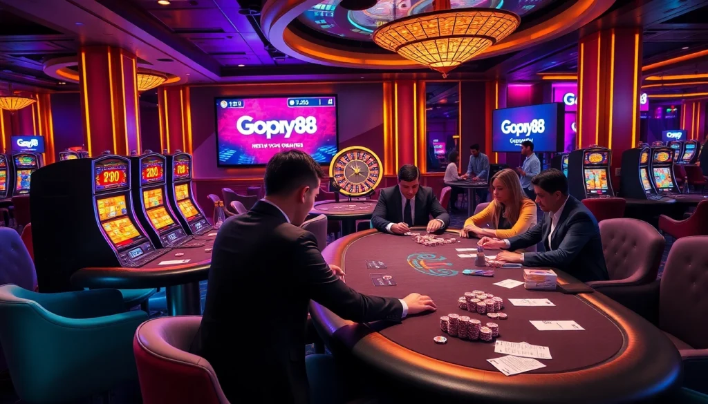 Players enjoying intense poker action at Gopay88 on vibrant casino tables filled with colorful chips.