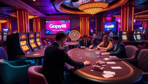 Players enjoying intense poker action at Gopay88 on vibrant casino tables filled with colorful chips.