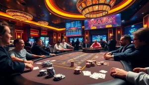 Experience high-stakes gambling at VMAX with a luxurious poker table and vibrant atmosphere.