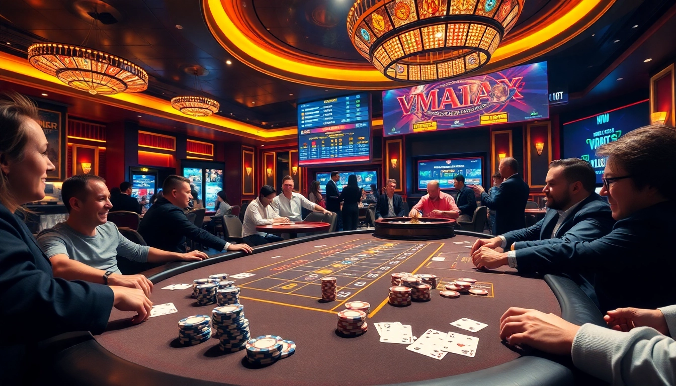 Experience high-stakes gambling at VMAX with a luxurious poker table and vibrant atmosphere.