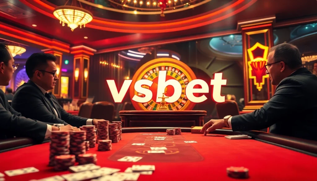 Players engaging in a thrilling poker game at vsbet casino, with vibrant chips and cards enhancing the excitement.