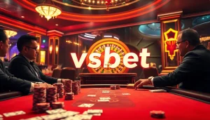 Players engaging in a thrilling poker game at vsbet casino, with vibrant chips and cards enhancing the excitement.