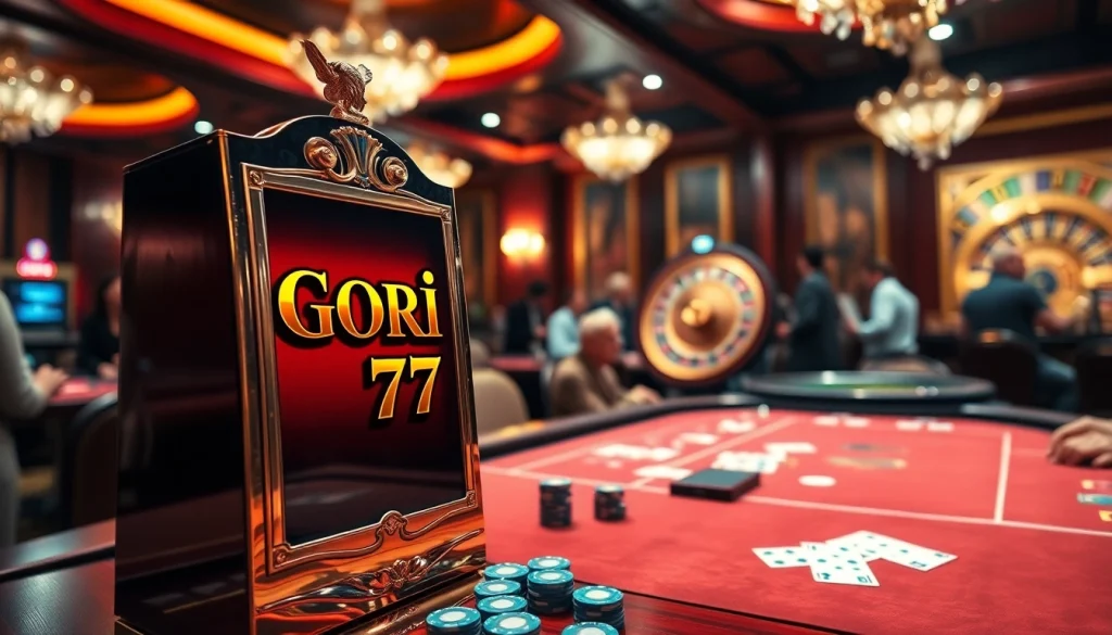 Gambler enjoying a winning game at Gori77 slot machines in a luxurious casino setting.