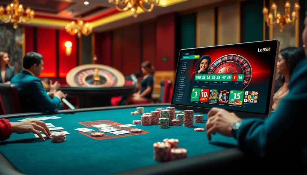 Players engaging with Lc88 gaming interface at a luxury casino, vibrant atmosphere.
