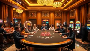 Exciting casino scene with SUNWIN-themed poker chips on a lavish poker table.