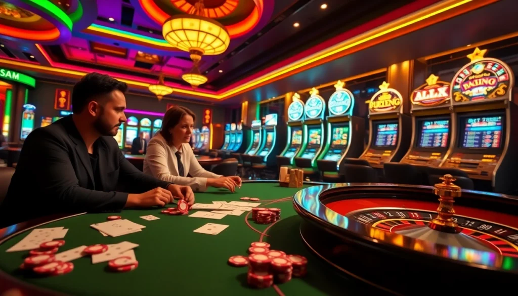 Players engaging in a high-stakes game at 23win casino with vibrant slot machines and a roulette wheel.