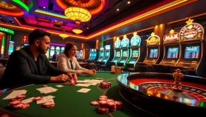 Players engaging in a high-stakes game at 23win casino with vibrant slot machines and a roulette wheel.