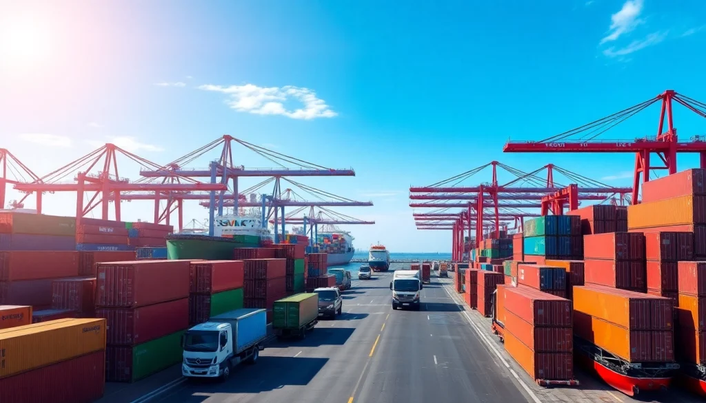 International Cargo Services showcasing a busy logistics hub with containers and ships, symbolizing global reach.