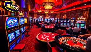 Experience thrill at slot777 online casino with vibrant slot machines and excited players.