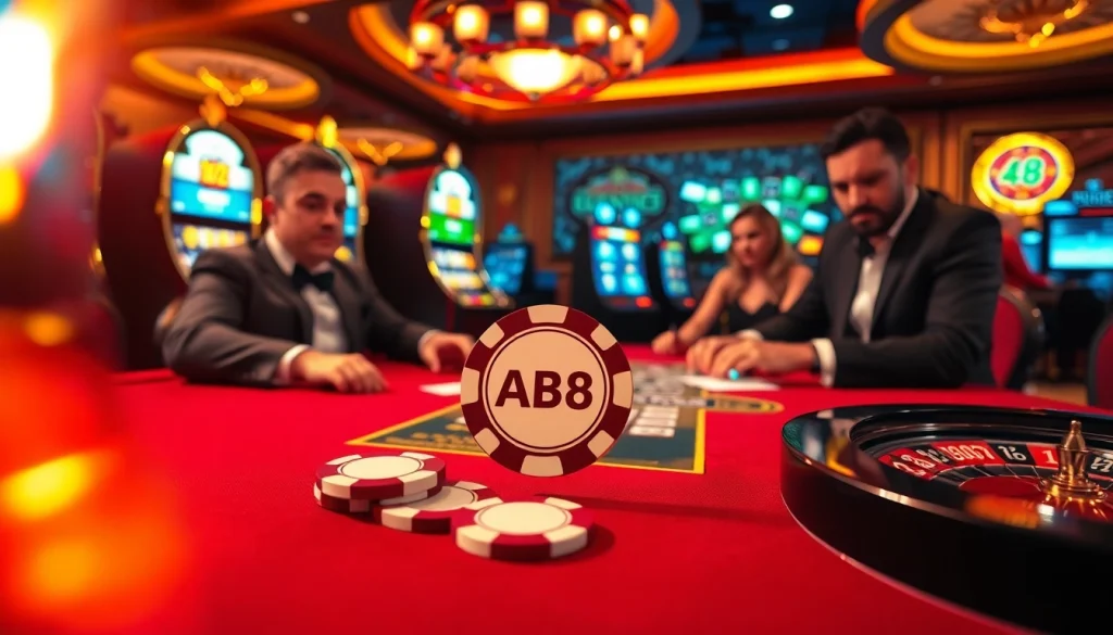 Players engaging with ABC8 branded poker chips at a luxurious casino table.