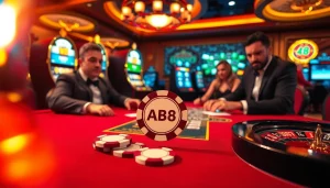 Players engaging with ABC8 branded poker chips at a luxurious casino table.