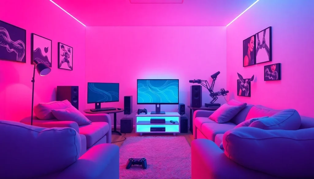 Engaging scene of a cozy gaming room for adult sex games, featuring neon lights and modern setup.