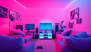Engaging scene of a cozy gaming room for adult sex games, featuring neon lights and modern setup.