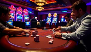 Players competing at a poker table in a luxurious QH88 casino atmosphere.