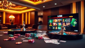 Immerse in the thrilling world of LC88 casino with vibrant chips and luxurious settings.