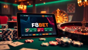Engaging online gambling scene at https://f8bet.dental with a sleek tablet, poker chips, and cards.
