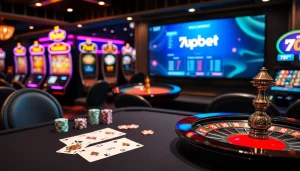 Experience excitement at 7upbet with high-stakes poker and roulette in a luxurious casino setting.