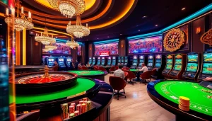 Exciting casino scene capturing gamblers enjoying premium games at 88i with roulette and poker tables.