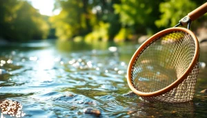Capture of a Fly fishing net showcasing its design near a tranquil river environment.