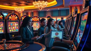 Players spinning reels on vibrant slot online machines in an upscale casino atmosphere.