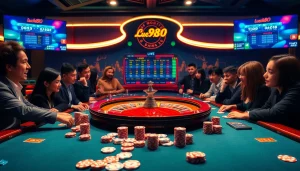 Excited players at the lucky88 casino table, showcasing high-stakes poker chips and a roulette wheel.