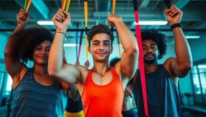 Individuals using assisted pull-up bands in a vibrant gym, showcasing diversity and motivation.