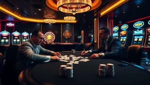 Engaging RR88 players in a high-stakes poker game at a luxurious casino table.