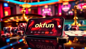 Experience thrilling online gaming with app okfun showcased on a glamorous casino table filled with poker chips and cards.