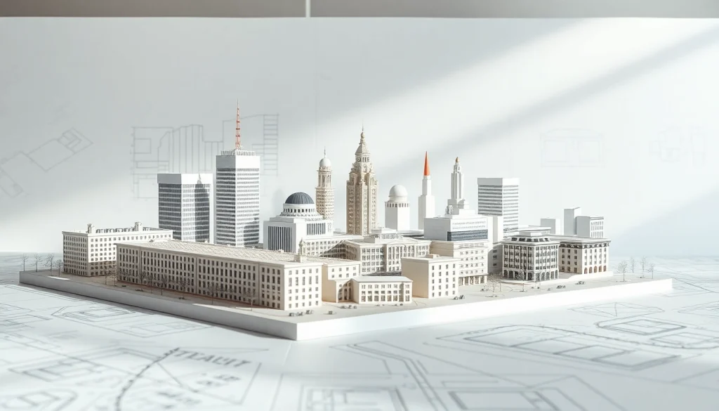 Architekturmodellbau Stuttgart zeigt eine präzise Modelle der Skyline und architektonischer Pläne.