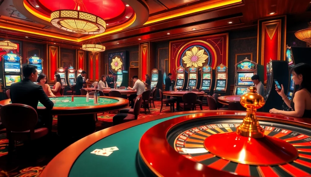 Players enjoying gamebaidoithuong at a luxurious casino, featuring poker tables and bright slot machines.
