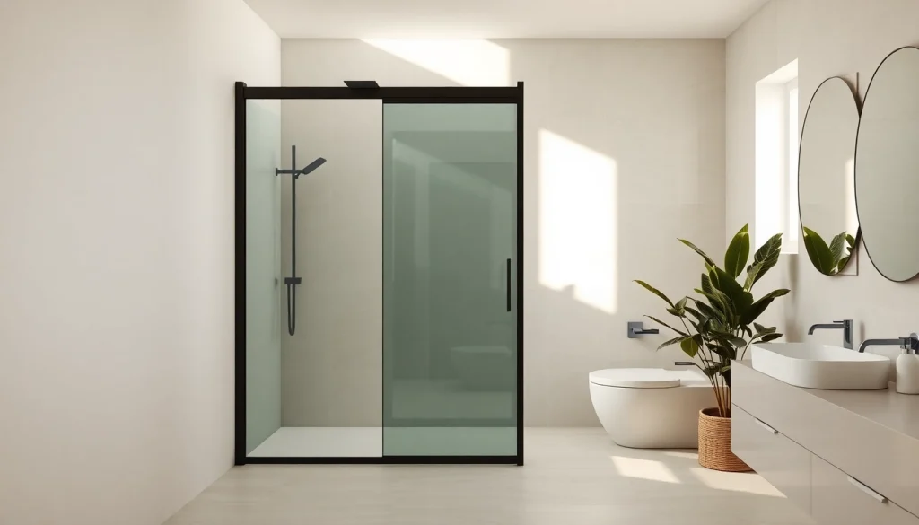 Elegant black shower sliding door enhancing a contemporary bathroom aesthetic with minimalistic design.