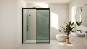 Elegant black shower sliding door enhancing a contemporary bathroom aesthetic with minimalistic design.