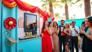 Las Vegas Photo Booth Rental setup in a festive wedding with vibrant props and excited guests.