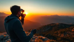 Capture stunning landscapes with an insta360 camera at sunset on a mountain.