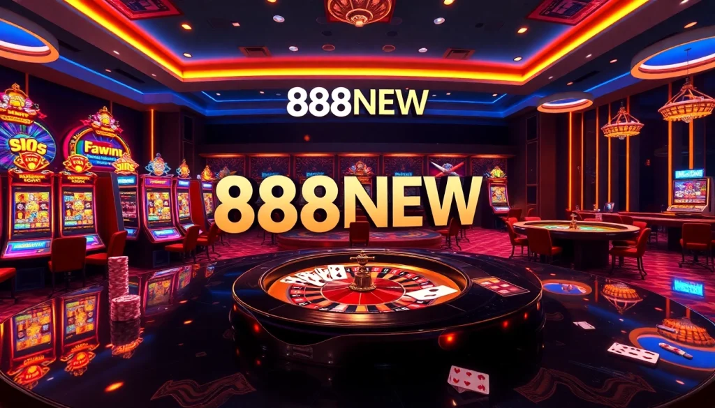 Exciting 888NEW casino scene with vibrant slot machines, colorful poker tables, and inviting lighting.