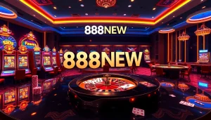 Exciting 888NEW casino scene with vibrant slot machines, colorful poker tables, and inviting lighting.