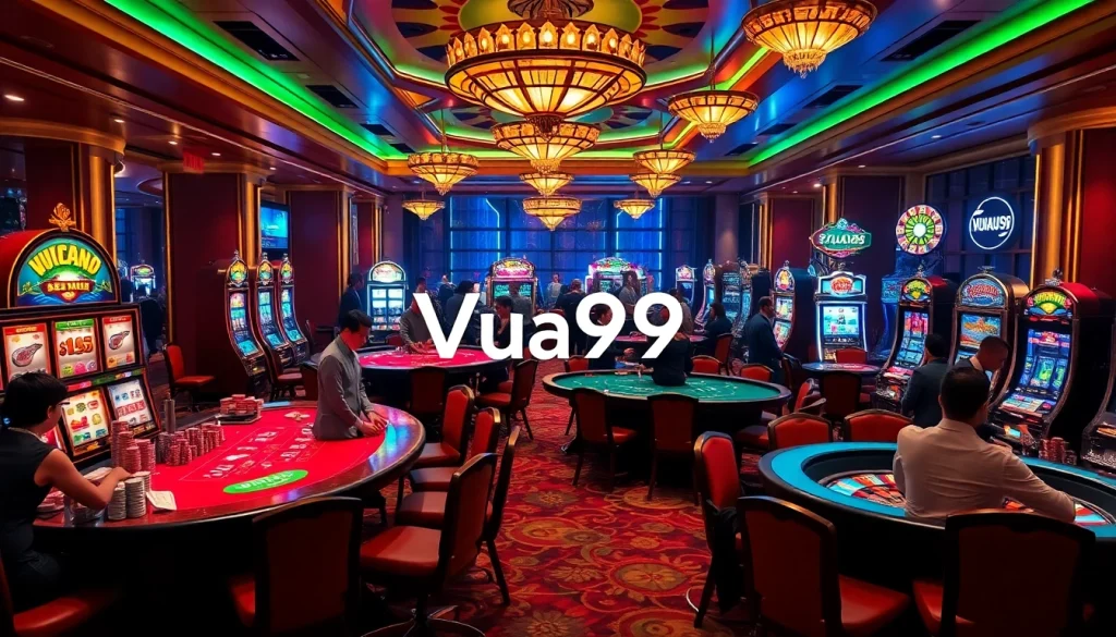 Engaging scene showcasing players enjoying their experience at Vua99 casino, highlighting slots and poker tables.