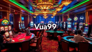 Engaging scene showcasing players enjoying their experience at Vua99 casino, highlighting slots and poker tables.