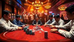 Players enjoying a high-stakes poker game at 789bets, featuring vibrant casino elements and excitement.